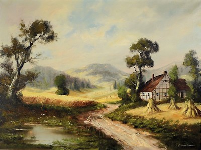 Baumann, Maler der Mitte des 20. Jh., Sommerliche Landschaft mit Fachwerkhaus, rückseitig betitelt: In der Ernte-Zeit, Öl/Lwd, rechts unten ...