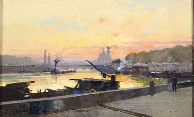 Ungedeuteter Künstler um 1900, atmosphärische Ansicht von Paris, Blick auf die Silhouette der Pont Alexandre III bei Sonnenuntergang, ...