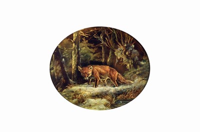 Zuschreibung: August Schleich, 1814-1865 München, Schnürender Fuchs im Winterwald, Öl/Metallplatte, unsigniert, im Oval ca. 26x31cm, R. ca. 35x40cm