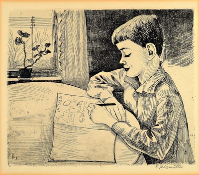Conrad Felixmüller, 1897-1977, Zeichnender Knabe (Luca zeichnet), Radierung von 1926, in der Platte monogrammiert, rechts unten handsigniert, ca. ...