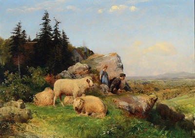 Carl Seibels, 1844 Köln-1877 Süditalien, Studium an der Akademie Düsseldorf bei O. Achenbach und an der Schule von Barbizon, Schäferpaar mit ...
