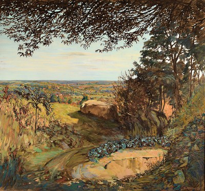 Rudolf Müller, 1892 Grenchen - 1972 Bern, Lehmgrube in natürlicher Umgebung, mit weitem Blick auf ein Dorf, Kohle u. Öl auf Malkarton, rechts ...