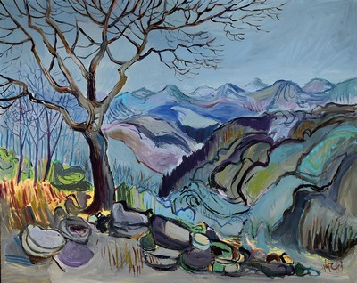 Monogrammist HR, datiert (19)83, knorriger Baum vor hügeliger Landschaft, Öl/Lwd, rechts unten monogr. und dat., ca. 80x100cm, R. ca. 87x107cm