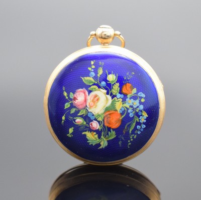 Spindeltaschenuhr in Roségold 750/000, Schweiz um 1830, Ränder guill., Geh. dell., Rückseite m. Emailbild Blumenbouquet, Goldzifferblatt dell., ...