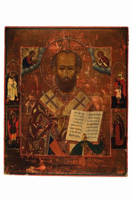 Ikone, Russland, um 1900, Hl. Nikolaus, Tempera auf Holz, goldgrundig, vier Randheilige, leichte Oberflächenschäden, ca. 33x27cm