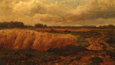 Monogrammist W.J.D., datiert (18)51, Landschaft mit Kornfeld, Öl/Lwd, links unten monogr. und dat., ca. 15x26cm, R. ca. 26x38cm