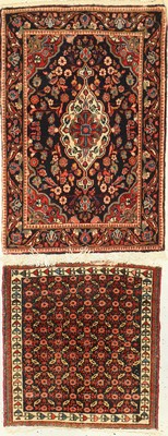 2 Lots Persische Poschti, Sarogh, ca. 60 Jahre, ca. 96 x 65 cm, EHZ: 2, Malayer, um 1930, ca. 62 x 60 cm, EHZ: 3