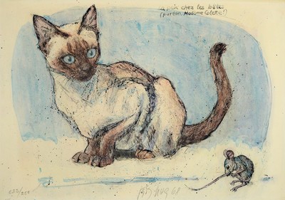 Fritz Rudolf Hug, 1921 Dornach-1989 Speicherschwendi, 2 Farblithographien: Basset-Hund, sign. und dat. 69, num. 27/265, ca. 52x37cm, La paix chez les ...