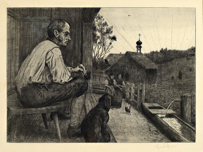 Hans Thoma, 1839 Bernau-1924 Karlsruhe, Feierabend, Radierung vom 1901, rechts unten signiert, ca. 32x44cm, PP, u.Gl., R. ca. 62x72cm, R.