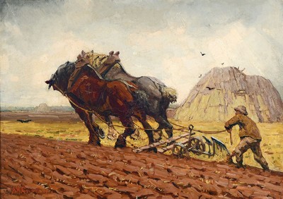 Adriaan Herman Gouwe, 1875 Alkmaar - 1965 Papeete/Tahiti, Studium an der Rijksakademie Amsterdam, Pflügender Bauer vor Kornmiete, pastoser ...