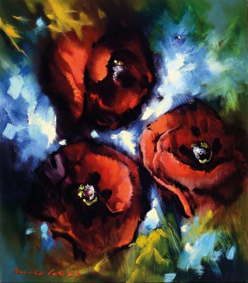 Arnold Schatz, 1929 Stepenitz-1999 Bielefeld, Stillleben mit Mohn, Öl/Lwd, links unten signiert, ca. 80x70cm, R. ca. 87x77cm