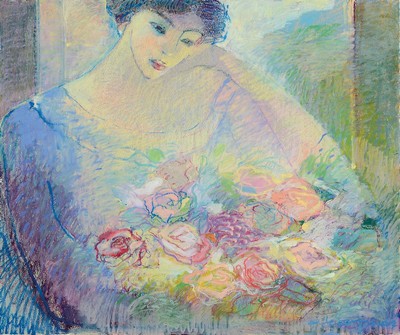 Anna Karpowicz-Westner, geb. 1951, zeitgen. polnische Künstlerin, Frau mit Blumenbukett, Pastell auf Papier, rechts unten signiert, ca. 36x43cm, ...