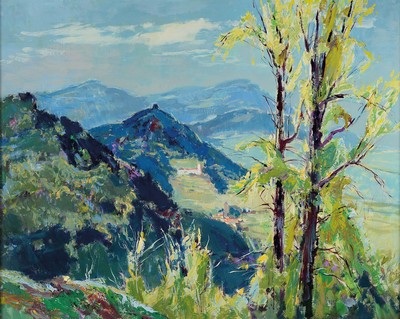 Karl Graf, 1902-1986 Speyer, Blick auf Neukastel und den Slevogt-Hof, Gouache auf Papier, rückseitig datiert 1964, ca. 66x82cm, u.Gl., R.