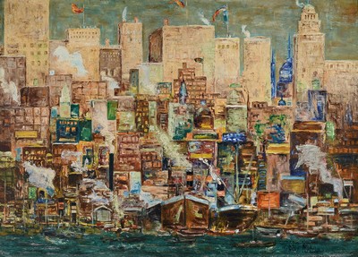 Karlheinz Merkel, Blick auf einen Hafen und die Stadt, Öl/Malkarton, rechts unten signiert, ca. 70x98cm, R. ca. 77x105cm