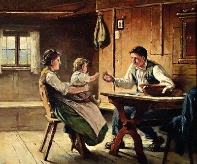 Hermann Lindenschmit, 1857 Frankfurt a.M.-1939 München, Junge Bauernfamilie in der Stube, Öl/Lwd, links oben signiert, ca. 30x36cm, R. 37x43cm