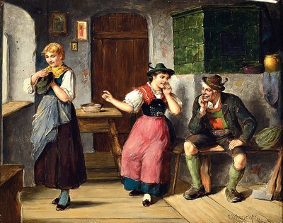 Carl Ostersetzer, 1865 Brody - 1914 Wien, zwei Genres, Bauerninterieurs, je verso bezeichnet "Im Zeichen der Liebe" und "Ihr ...
