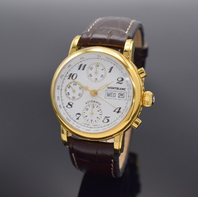 MONTBLANC Automatikchronograph Meisterstück Referenz 7001, Schweiz um 2005, verg. Edelstahlgeh. beids. vergl., Boden & Glasrand aufgedr., emailfarb. ...