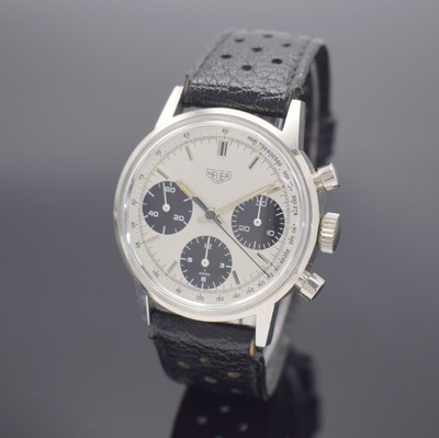 HEUER seltener Armbandchronograph Referenz 73623, Schweiz um 1971, Handaufzug, Edelstahlgeh. inkl. Lederband m. Heuer Dornschl., Boden verschr., ...
