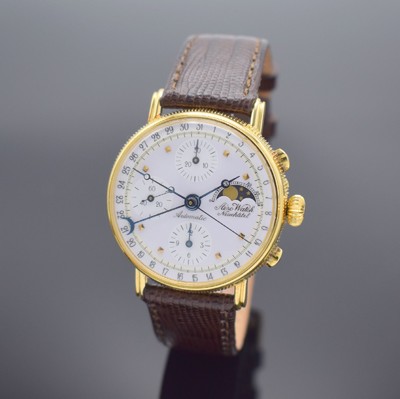 AERO WATCH Neuchatel Herrenarmbanduhr mit Chronograph, Mondphase & Datum in GG 750/000, Schweiz um 1990, Automatik, 3-teil. Geh., Boden & Glasrand ...