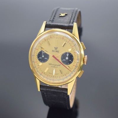 PRECIMAX Armbandchronograph, Schweiz um 1968, Handaufzug, verg. Gehäuse, Edelstahlboden aufgedr., gold. Zifferbl. m. aufges. Std.-Ind., gold. ...