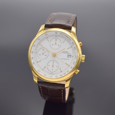 PRIOSA Armbandchronograph in GG 750/000, Schweiz 1990er Jahre, Automatik, beids. vergl., Boden 8-fach verschr., emailfarb. Zifferbl., Anz. v. Std., ...