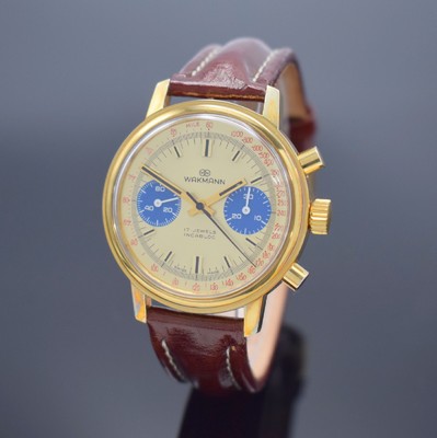 WAKMANN Schaltradchronograph, Handaufzug, Schweiz 1967, verg. Metallgeh., verschr. Edelstahlboden & Werk bez. Charles Gigandet, gold. Zifferblatt m. ...