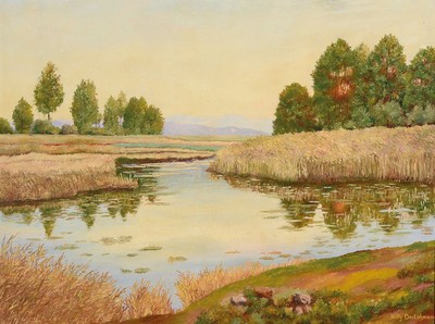 Willy Deutschmann, 1880 Oberflörsheim-1960 Petersbächel, Landschaft mit Baumgruppen, Bäumen und einem Gewässer mit Schilf, rechts im Hintergrund ...