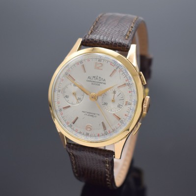 ALMADIA / Chronographe Suisse Armbandchronograph in RG 750/000, Schweiz um 1960, Handaufzug, Boden aufgedr., Geh. dell., Metall-Innengeh., silb. ...