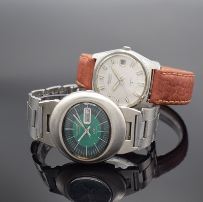 2 SEIKO Herrenarmbanduhren in Stahl, Japan 1970/80er Jahre, Automatik, 1) DX, Ref. 6106- 5459, Boden geschr., neutr. Gliederband, grünes ...
