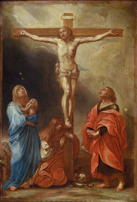 Unbekannter Künstler der 2. Hälfte des 19. Jh., Kreuzigungsszene mit Johannes, Maria und Maria Magdalena, Öl/Kupferplatte, mehrere kleinere ...