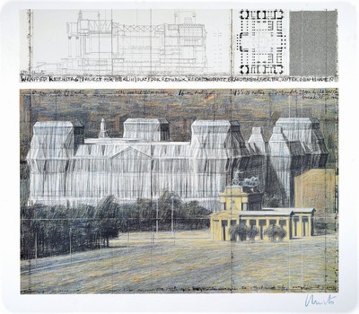 Christo, 1935 Gabrovo-2020 New York, Wrapped Reichstag, Farboffset zur Collage, rechts unten handsigniert, Blattgr. ca. 70x80cm