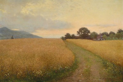 Karl Maria Schuster, 1871 Purkersdorf - 1953 Wien, Studium an der Akademie Wien, hier: sommerliche Landschaft mit Kornfeld, bezeichnet Kirchberg am ...