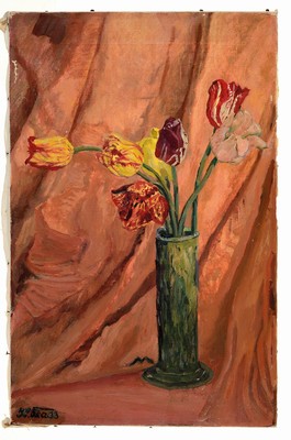 Herbert Grass, 1886 Mannheim -1978 Heidelberg, Blumenstillleben mit Tulpen vor rotem Vorhang, links unten signiert und datiert wohl 1942, Öl/Lwd, ...