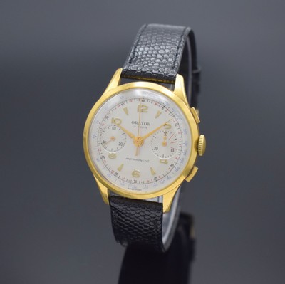 ORATOR Herrenarmbanduhr mit Chronograph, Schweiz um 1945, Handaufzug, verg. Geh., Edelstahlboden aufgedr., schön erhaltenes silb. Zifferbl. m. gold. ...