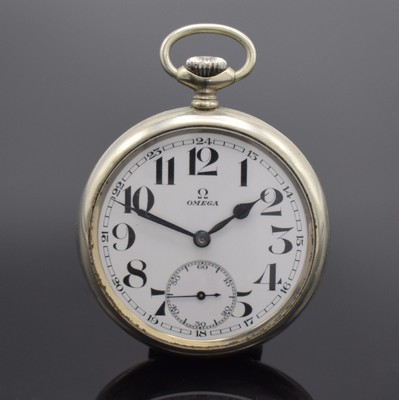 OMEGA offene Herrentaschenuhr, Schweiz um 1937, Nickelgeh., Emailzifferbl. m. fetten arab. Std., gebl. Zeiger, kl. Sek., Werk verg., 15 St., Kal. ...