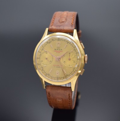 CHRONOGRAPHE SUISSE / NAVA Armbandchronograph in RoseG 750/000, Schweiz um 1960, Handaufzug, gedr. Geh. l. dell., Metall Innengeh., gold. Zifferbl., ...