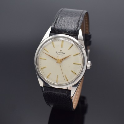 ZENITH Sporto Herrenarmbanduhr in Stahl, Schweiz um 1955, verschr. Geh., orig. Krone, silb. Zifferbl. m. gold. Indizes, gold. Dauphinezeiger, ...