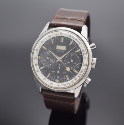 SCHILD 4072B Armbandchronograph Valjoux 72 in Stahl, Schweiz um 1968, Handaufzug, verschr. Geh., schwarzes Zifferbl. pat./fl., silb. Tachymeterskala, ...
