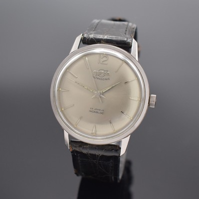 ENICAR Ultrasonic Herrenarmbanduhr in Stahl, Schweiz um 1965, Handaufzug, unpol. Geh., verschr. Boden m. eingelassener ENICAR Plakette, grau-silb. ...