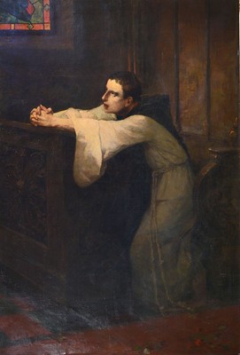 Wilhelm Reuter, 1859 Karlsruhe - 1937 Nürnberg, Studium an der Akademie Karlsruhe, betender Mönch in Kirchenbank, durch Bleiglasfenster fallender ...