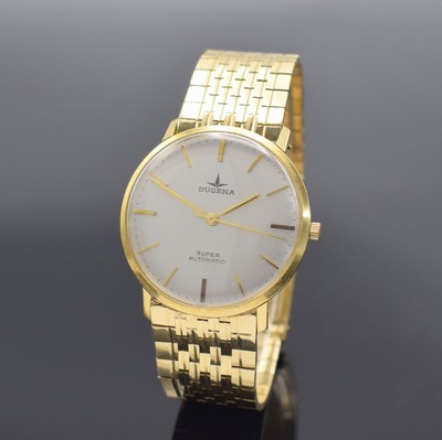 DUGENA Herrenarmbanduhr Modell Super in GG 750/000, Schweiz um 1965, Automatik m. Microrotor, Boden aufgedr., neutr. GG 585/000 Band, silb. Zifferbl. ...