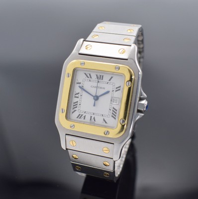 CARTIER Armbanduhr Serie Santos in Edelstahl/ GG 750/000 kombiniert, Schweiz um 1990, Automatik, Stülpgehäuse, Goldlünette 8-fach verschr., ...