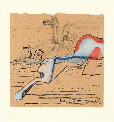 Michael Croissant, 1928 Landau/Pfalz-2002 München, Zeichnung in Tusche, Bleistift und Buntstift auf braunem Papier, wohl Skizze zu einer Skulptur, ...