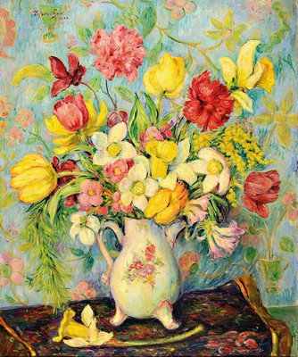 Schnitzer, datiert 1937, Üppiger Frühlingsblumenstrauß, Öl/Malkarton, links oben signiert und dat., ca. 60x50cm, R. ca. 69x59cm