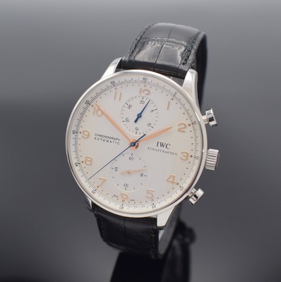 IWC feiner Armbandchronograph Modell Portugieser Referenz 3714-01, Automatik, Edelstahlgeh. inkl. orig. Lederband m. orig. Faltschl., Boden 4-fach ...