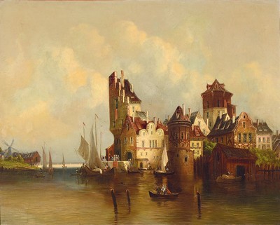Nachfolger Jan Hendrik Verheyens (1778-1946), Ende 19.Jh., historisierende Ansicht Utrechts um 1818, belebte Szene mit reicher Figurenstaffage, ...