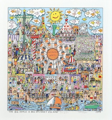 James Rizzi, 1950-2011 New York, The Big Apple is big on Coney Island, dreidimensionale Farlithographie von 1999, handsigniert und num. 334/350, ca. ...
