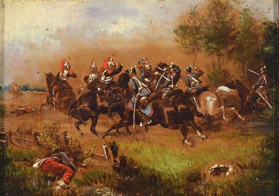 Zuschreibung Christian Sell, 1854 - 1925, Reiterszene im deutsch-französischen Krieg, Öl/Holz, unsigniert, ca. 9 x 13.5 cm Rahmen ca. 16 x 20 cm