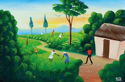 Maxime Pierre, zeitgenössischer haitinaischer Künstler, romantisierend-exotische Ansicht eine folkloristischen Landschaft, rechts untensigniert, ...