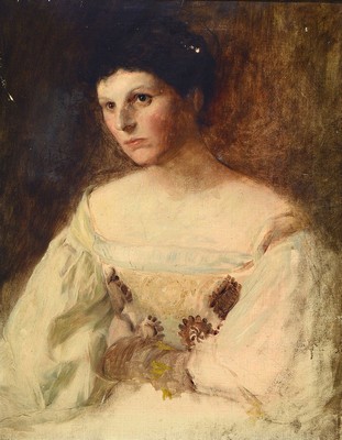 Unbekannter Künstler um 1900, Bildnis einer jungen Frau im weißen Kleid, fragmentarischer Charakter verweist wohl Studie, malerisch ...